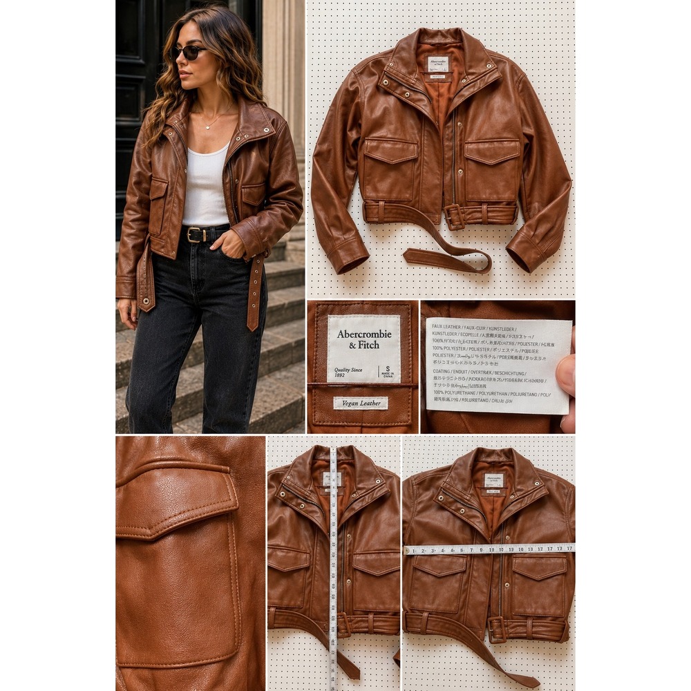 Abercrombie & Fitch Vegan Leather Moto Jacket Brown Belted Utility Y2K Small